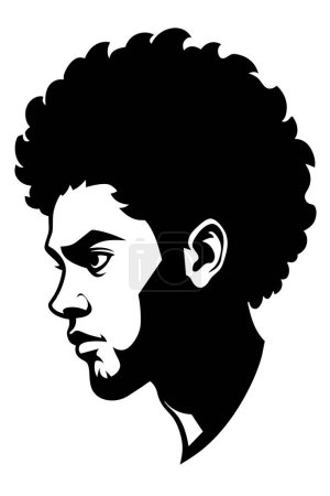 Ilustración de Negro Afro americano masculino retrato cara vector silueta de un peinado con pelo rizado. Dibujo de plantilla de un perfil de cabeza de hombre humano aislado en vinilo blanco .Vinilo etiqueta engomada. Cameo. - Imagen libre de derechos