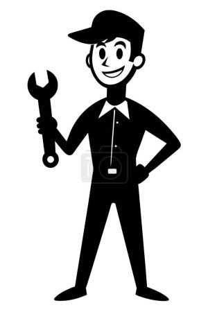 Illustration for A silhouette of a confident and smiling handyman holding a wrenc - Royalty Free Image
