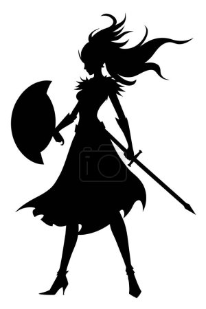 Die schwarze Silhouette eines eleganten Kriegermädchens in Rüstung mit rundem Schild, im Wind flatternden Haaren und einer großen Axt. 2d Kunst