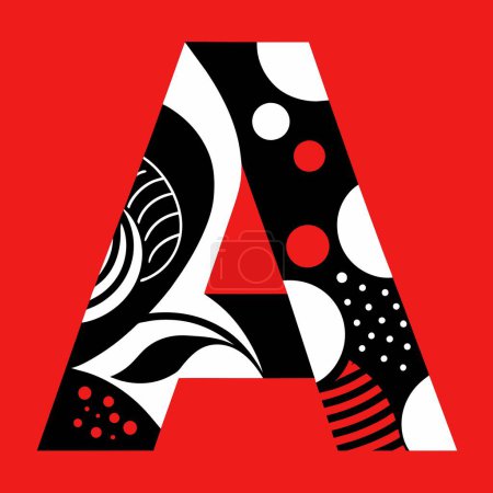 Illustration for The letter A in black and white with abstract patterns on a red background. - Royalty Free Image