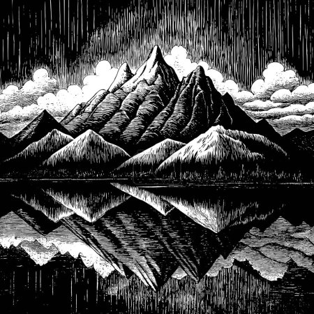 Ilustración de Una gran cordillera con picos altos y un lago en primer plano - Imagen libre de derechos