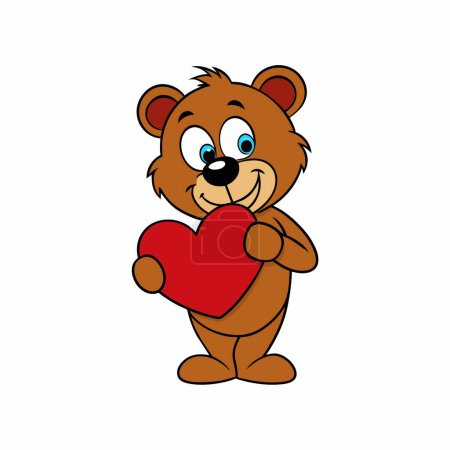 Téléchargez les illustrations : Un ours de dessin animé brun tenant un cœur rouge - en licence libre de droit