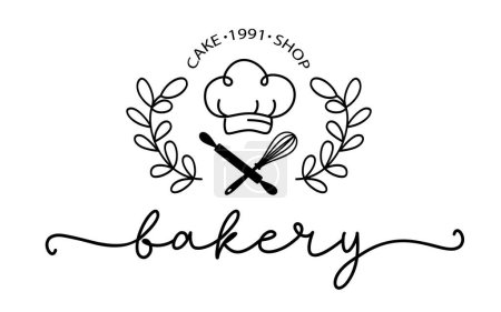Illustration for Bakery. Vector vintage logo word. Design typography, logo, badge, label, icon. Hand drawn horizontal calligraphy text. Typography bakery logo. Signboard icon bakery. Black and white illustration. - Royalty Free Image