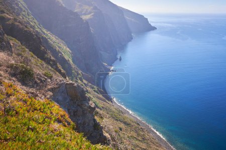 Téléchargez les photos : Vue paysage avec falaises et océan à Ponta Do Pargo, à l'ouest de l'île de Madère, Portugal. Journée ensoleillée. - en image libre de droit