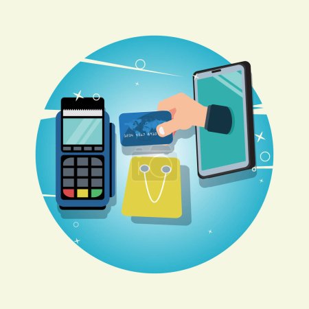 Illustration for Pay merchant with credit card in hand out from phone - Royalty Free Image