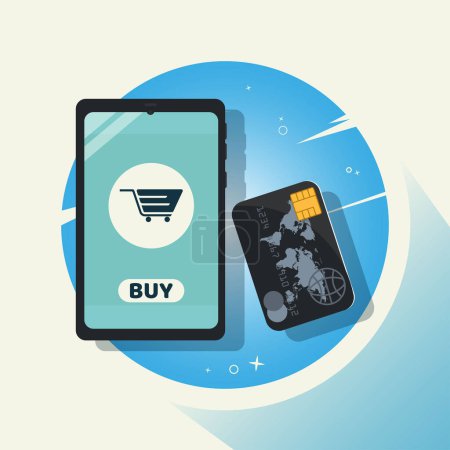 Ilustración de Teléfono con tarjeta de crédito, concepto de pago con tarjeta en línea, pagos fáciles - Imagen libre de derechos
