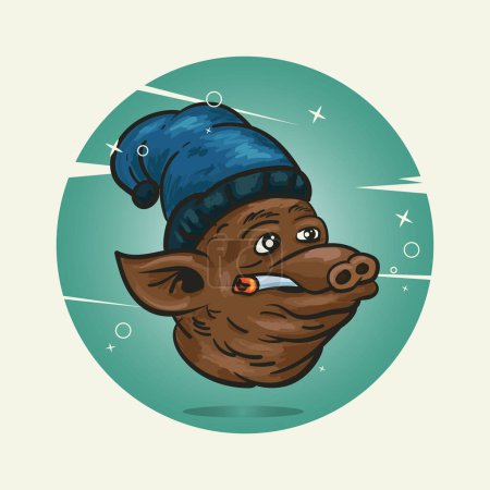 Téléchargez les illustrations : Pig head wear skullcaps and smoking design vector illustration - en licence libre de droit
