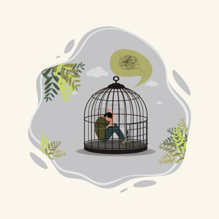 Illustration for Sad man lock in birdcage, need psychological help illustration or social isolation concept - Royalty Free Image