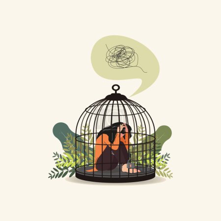Illustration for Woman lock in birdcage, need psychological help illustration or social isolation concept - Royalty Free Image