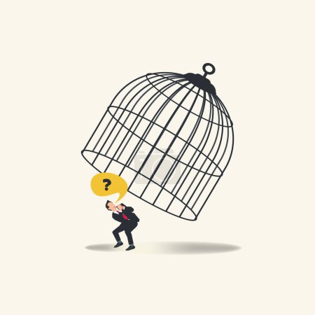 Téléchargez les illustrations : Homme d'affaires surpris regardant une grande illustration vectorielle cage - en licence libre de droit