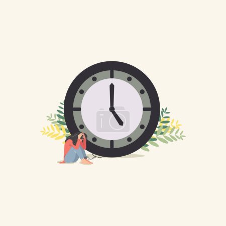 Illustration for Vector depressed girl with big clock. Torturous waiting time concept illustration - Royalty Free Image