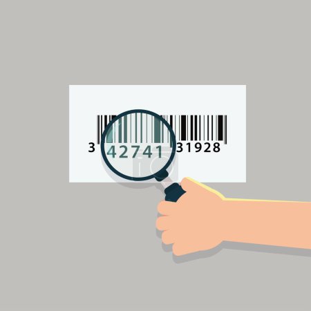 Illustration for Hand hold magnifying glass with barcode. Product identification concept vector illustration - Royalty Free Image