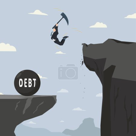 Illustration for Businessman holding a hammer jumping from a cliff to destroy a giant debt ball vector illustration - Royalty Free Image