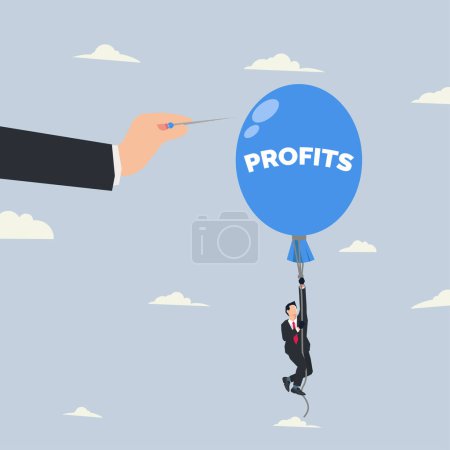 Illustration for Big hand pushes the needle to pop the blue balloon with the word PROFITS. Business competition vector illustration - Royalty Free Image