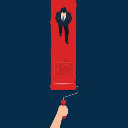 Illustration for Businessman walked leisurely on the way is being painted red. Red carpet for important people vector illustration - Royalty Free Image