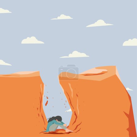 Illustration for Female trapped into deep hole, need help vector illustration - Royalty Free Image