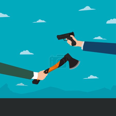 Illustration for Businessman hands hold the gun and ax. Business conflict vector illustration - Royalty Free Image