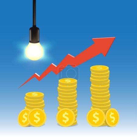 Light bulb on and coins. Increase of energy and gas tariffs concept vector