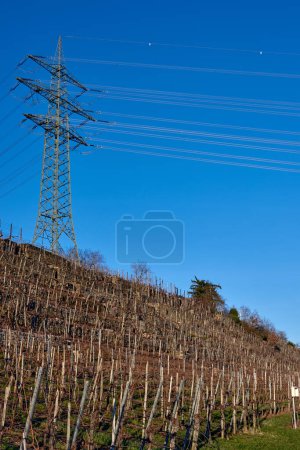 Witness the harmonious blend of technology and nature as power lines stand proudly on a hill, overlooking the picturesque scenery of autumn in Germany. The tranquil villages, vineyards, and riverside