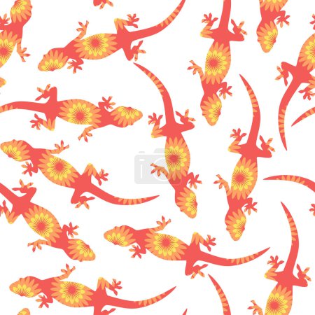 Foto de Patrón vectorial sin costuras con lagartos anaranjados decorados con flores - Imagen libre de derechos
