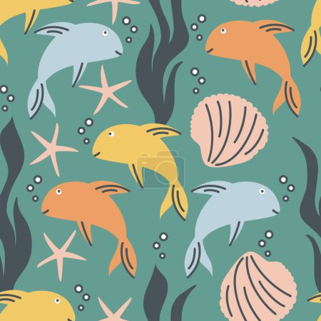 Foto de Patrón sin costura vectorial con peces de colores, estrellas de mar y algas marinas. - Imagen libre de derechos