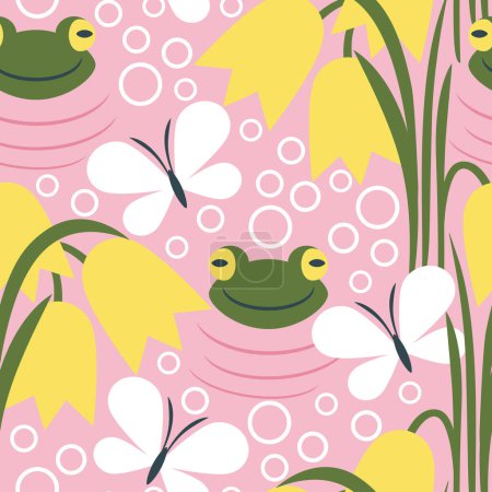 Foto de Patrón sin costura vectorial con pequeñas ranas divertidas en el estanque - Imagen libre de derechos