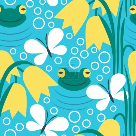 Foto de Patrón sin costura vectorial con pequeñas ranas divertidas en el estanque - Imagen libre de derechos