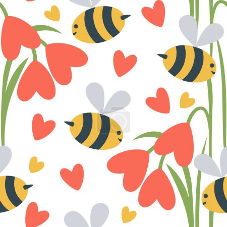 Foto de Patrón sin costura vectorial con abejas divertidas y flores del corazón - Imagen libre de derechos
