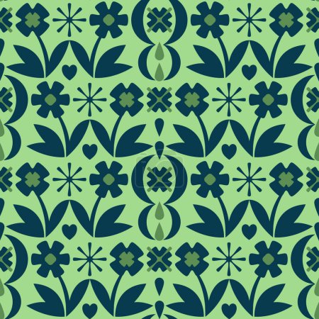 Foto de Patrón sin costura vectorial con flores geométricas estilizadas en colores negro y verde - Imagen libre de derechos
