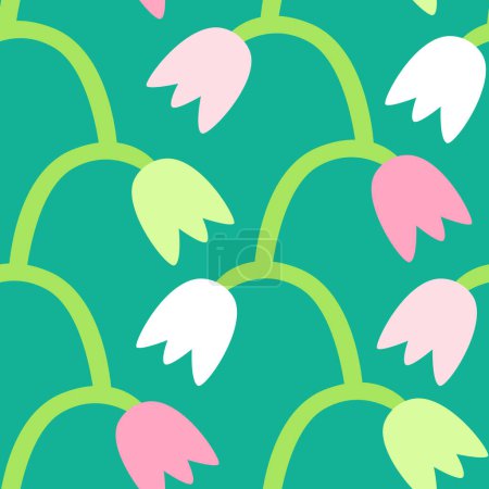 Foto de Patrón sin costura vectorial con tulipanes estilizados simples sobre un fondo verde brillante - Imagen libre de derechos