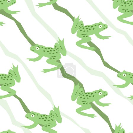 Foto de Patrón sin costura vectorial con ranas saltarinas sobre un fondo de rayas blancas - Imagen libre de derechos