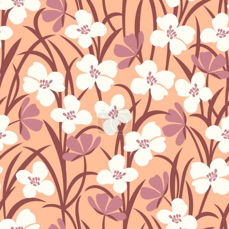 Vector seamless pattern with white wild flowers on a delicate peach background