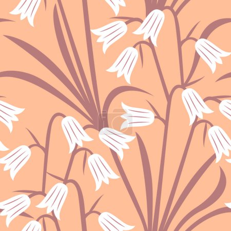Vector seamless pattern with stylized white bells on a peach background