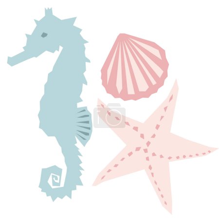 Foto de Verano vectorial con estrellas de mar, caballito de mar y concha - Imagen libre de derechos