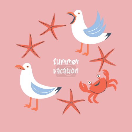 Foto de Tarjeta vectorial de verano con gaviotas, cangrejo y estrellas de mar - Imagen libre de derechos