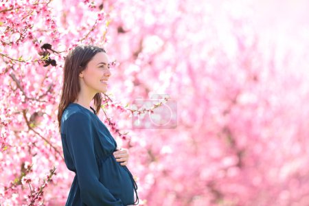 Téléchargez les photos : Profil d'une femme enceinte sur fond rose - en image libre de droit