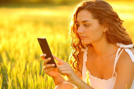 Téléchargez les photos : Femme vérifie téléphone intelligent au coucher du soleil dans un champ de blé au coucher du soleil - en image libre de droit