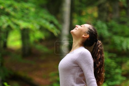 Foto de Perfil de una mujer feliz en un bosque respirando aire fresco - Imagen libre de derechos
