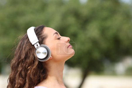 Téléchargez les photos : Profile of a relaxed woman with headphones meditating in a park - en image libre de droit