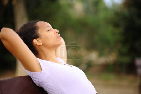 Téléchargez les photos : Profil d'une femme noire détendue reposant les mains sur la tête assise dans un parc - en image libre de droit