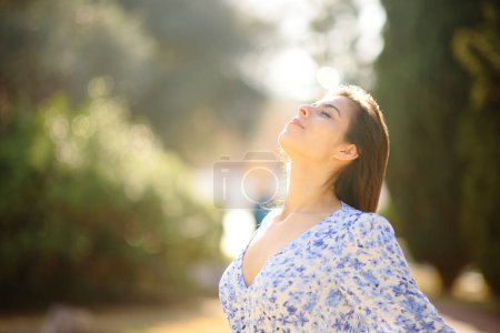 Photo for Woman breathing fresh air in a park standing alone - Royalty Free Image