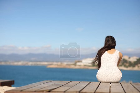Téléchargez les photos : Portrait d'une femme assise en train de contempler l'océan sur la côte - en image libre de droit