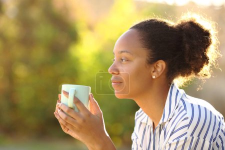 Foto de Retrato de una mujer negra contemplando la celebración de una taza de café en un parque - Imagen libre de derechos