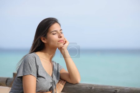 Foto de Mujer descansando en la playa descansando sola apoyada en una barandilla de madera - Imagen libre de derechos