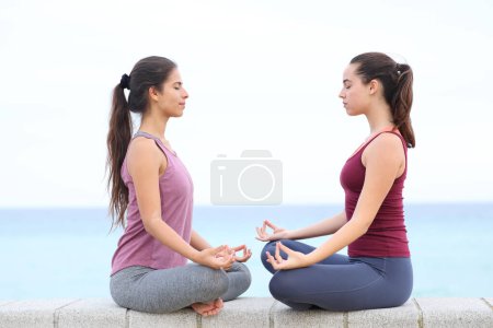 Téléchargez les photos : Profil de deux yogis faisant du yoga ensemble sur la plage - en image libre de droit