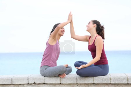 Téléchargez les photos : Deux yogis donnant cinq faire du yoga sur la plage - en image libre de droit