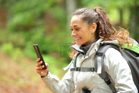 Photo for Happy hiker checking cell phone walking in a forest - Royalty Free Image