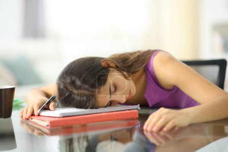 Foto de Cansado estudiante sobrecargado de trabajo durmiendo en el cuaderno en casa - Imagen libre de derechos
