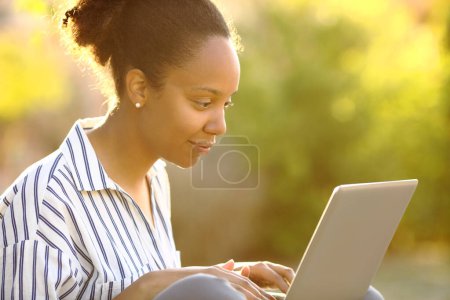 Photo for Black woman in a garden using laptop at sunset - Royalty Free Image