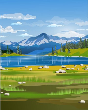 Foto de Hermoso paisaje primaveral con un lago de esmeralda, bosque, montañas y un gran abeto en primer plano. Fondo paisajístico para tus artes. - Imagen libre de derechos